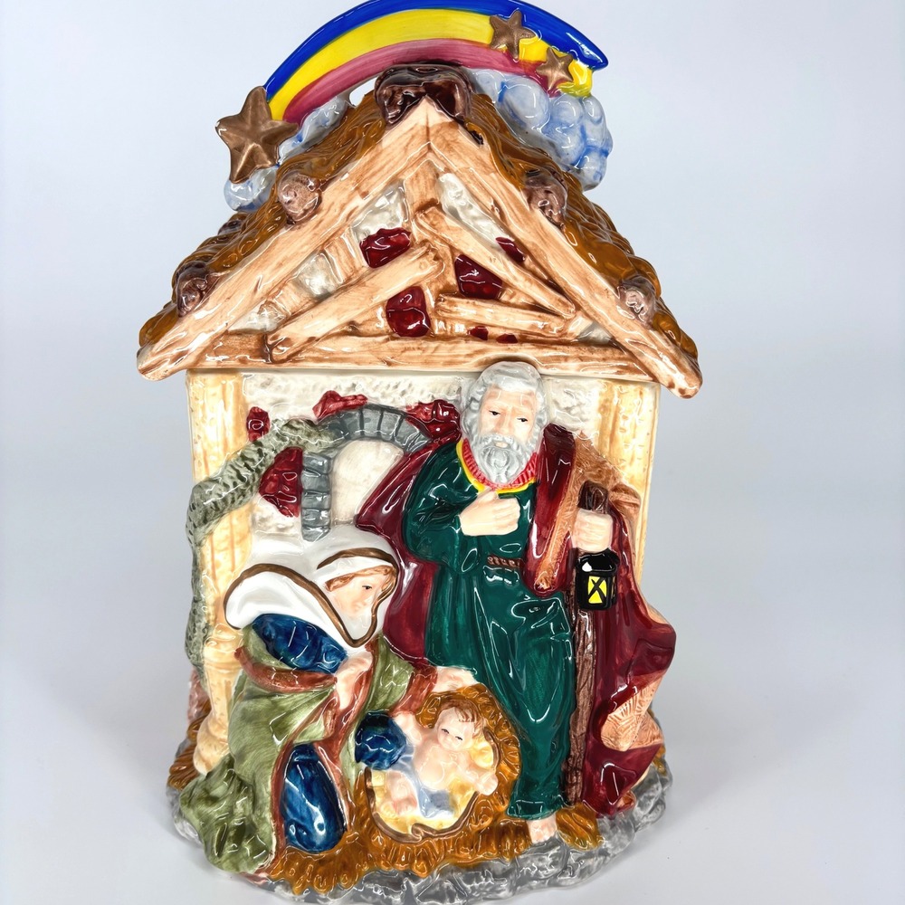 Mercuries Jesus Mary Joseph Cookie Jar Manger Nativity Christmas Rainbow